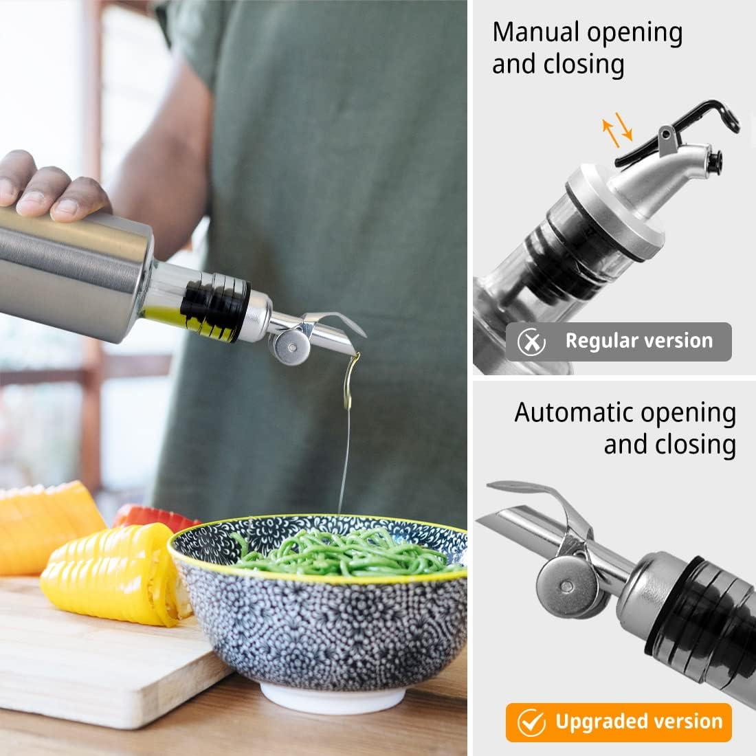 MEETSWEET olive oil spout,stainless steel automatic opening and closing spout, leak-proof, for olive oil, vinegar, wine and other liquid bottles (silver) 2pcs