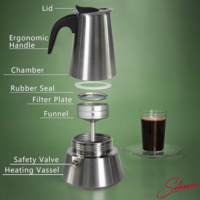 6 Cup Stovetop Espresso Maker Matte Stainless Steel Moka Pot Italian and Cuban Mocha Coffee Maker, Compatible with Gas, Electric, Ceramic, and Induction stovetops(10 fl oz/300 ml)