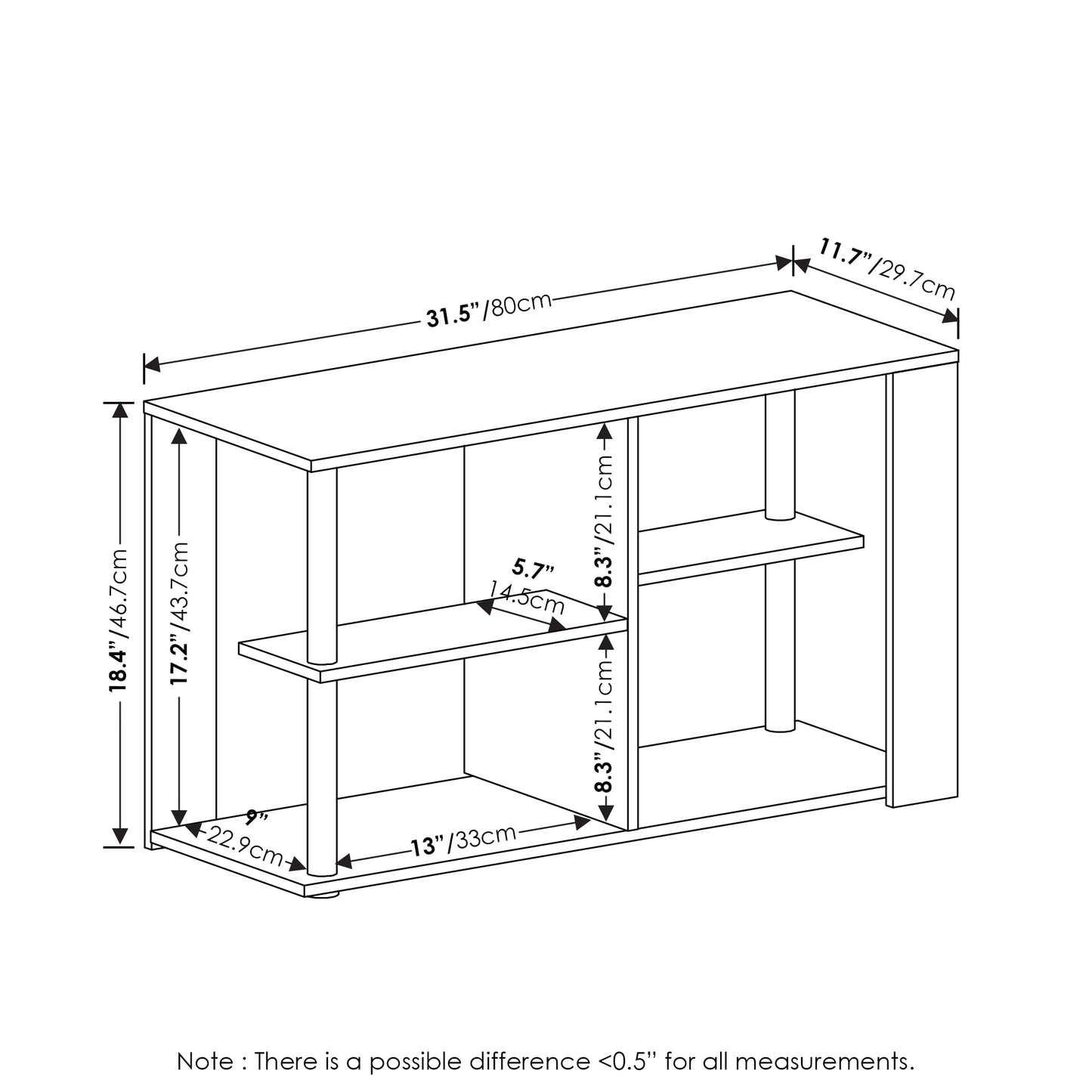 Furinno Romain Narrow End Table with Shelves, Espresso/Black