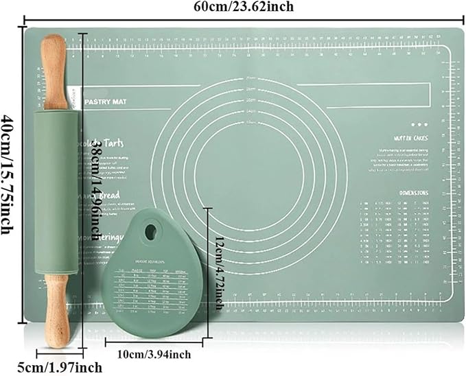 Silicone Measuring Kneading Pad Set Household Rolling Pin Dough Large Thick Non-slip Non-stick Bottom Baking Tool(Rolling pin green)