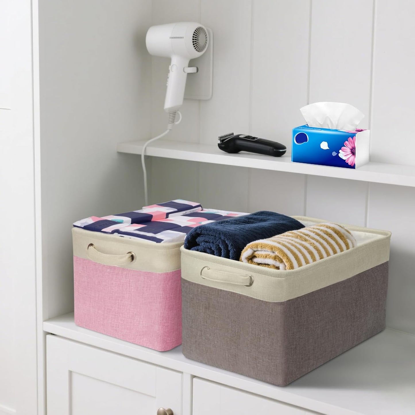 BALEINE 2 Pack Fabric Storage Bins for Shelves, Linen Storage Baskets for Organizing, Decorative Closet Bins for Clothes, Home (Green, 15''x11''x9.5'')