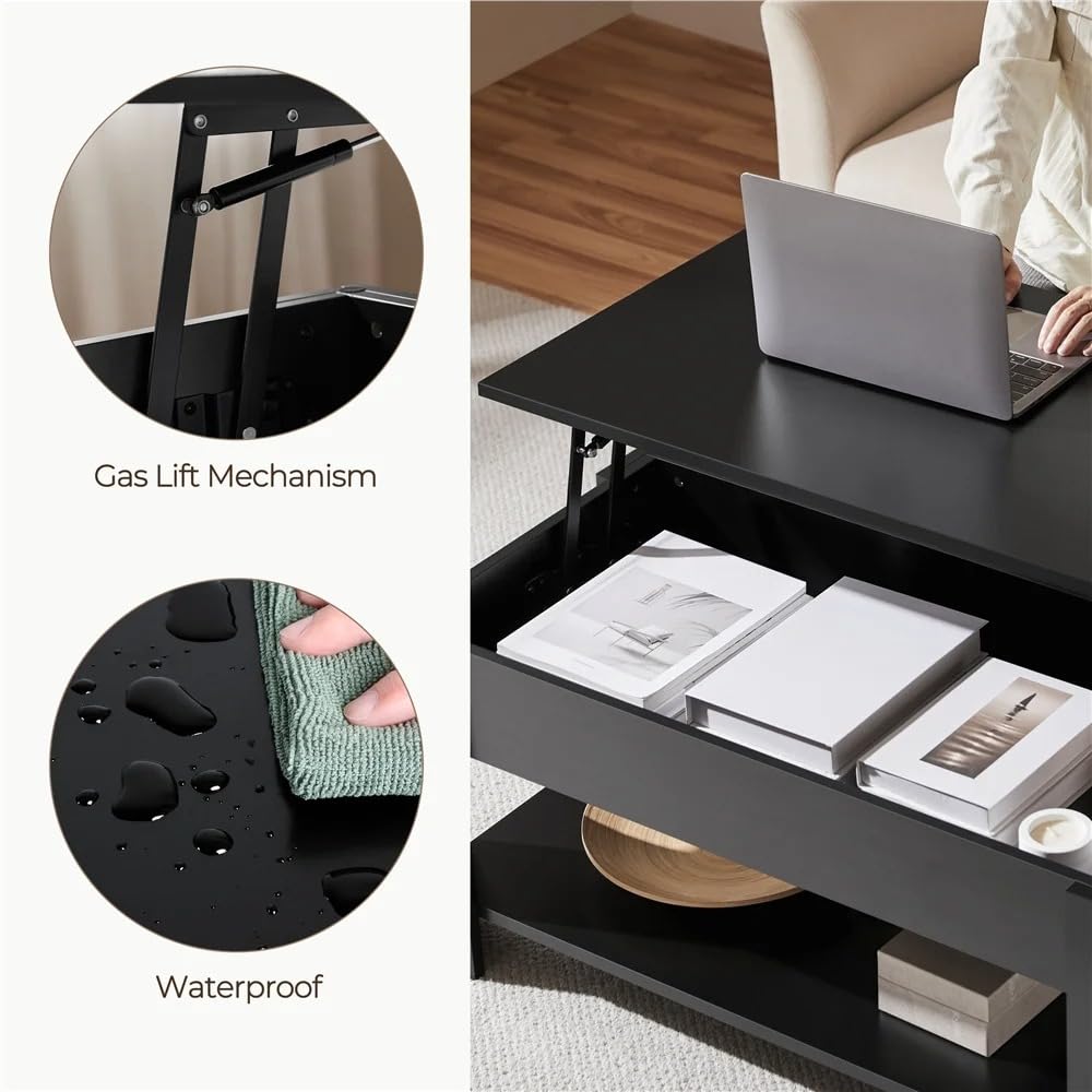 Coffee Table with Lift Top, Lift Table Dining Center Table with Lower Shelf, Modern Wooden Coffee Table for Living Room, Study, Office, Small Space (Black)