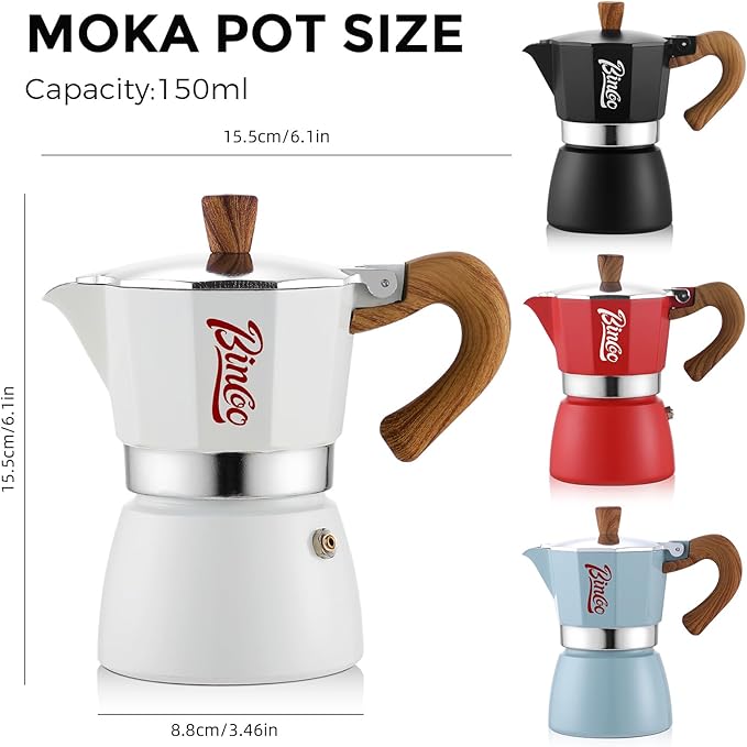 Bincoo Espresso Maker Stovetop, Moka Pot 3 Cups, Espresso Pot Classic Italian Coffee Maker,Single Safety Valve (Red, 3 Cup)