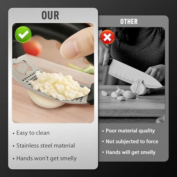 Stainless Steel Garlic Press Rocker, 2025 New Garlic Mincer and Garlic Crusher, Easy-Squeeze Garlic Tool with Peeler and Cleaning Brush for Smashing Garlic (A2-2Pcs)