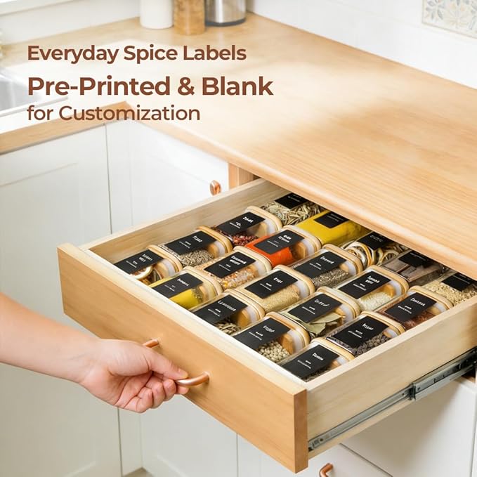 ComSaf 16Pcs Spice Jars with Labes, Glass Jar with Bamboo Lid, 4oz Airtight Square Spice Containers with Black Lables, Empty Seasoning Jars for Spice, Salt, Pepper, Sugar