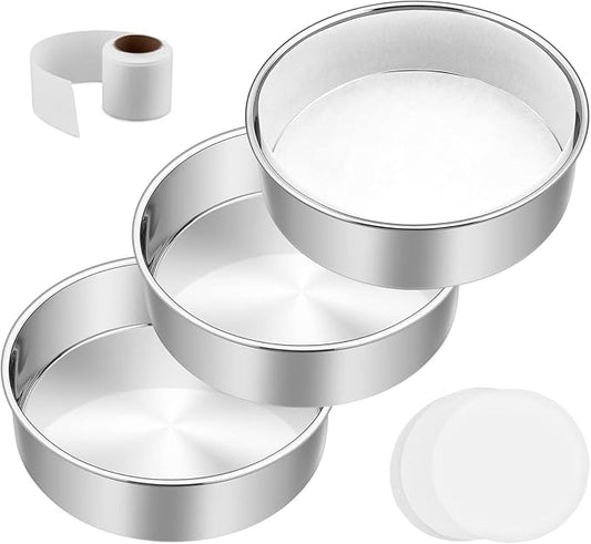 6 Inch Cake Pan Set of 3, E-Far Stainless Steel Round Layer Smash Cake Baking Pans with Parchment Rounds & Side Liner Roll, Non-Toxic & Healthy Metal Cakes Tin, Straight Side & Dishwasher Safe