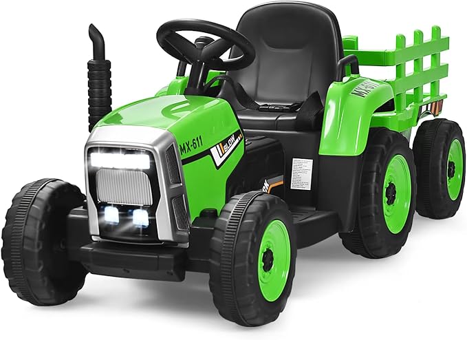 HONEY JOY Ride On Tractor with Trailer, Toddler 3-Gear-Shift Ground Loader, LED Lights, Horn, Music, 12V Battery Powered Electric Toy Tractor with Remote Control (Green)