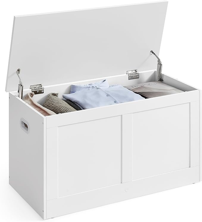 VASAGLE Storage Chest, Storage Trunk with 2 Safety Hinges, Storage Bench, Shoe Bench, Farmhouse Style, 15.7 x 31.5 x 18.3 Inches, for Entryway, Bedroom, Living Room, Cloud White ULSB064W01