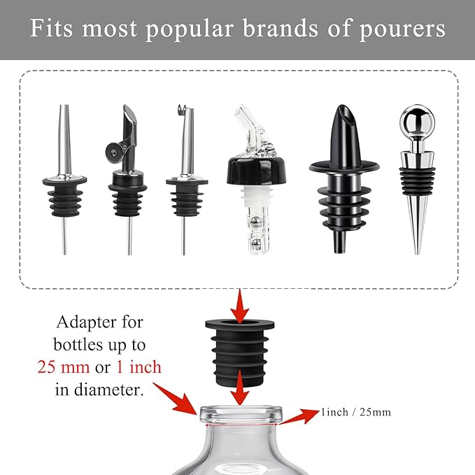 24-Pack Auto Flip Liquor Bottle Pourers with Adapters, Liquor Pour Spout Adapters set for for Large Olive Oil Bottles and Liquor Bottles - Up to 1 Inch/25mm Neck Converts Spout into Large Pour Spout