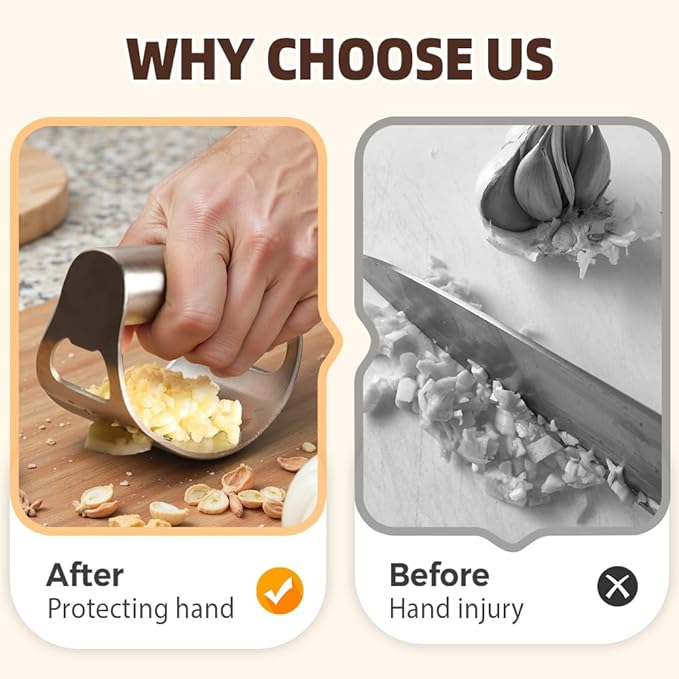 2025 New Stainless Steel Garlic Presser, Portable Manual Stainless Steel Garlic Press for Home Kitchen Utensils, Upgrade Rocker Crusher Masher with Garlic Peeling (2)