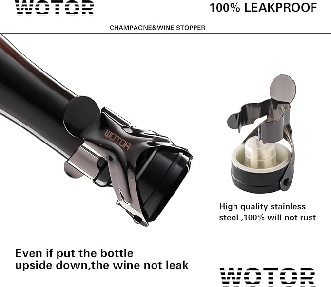WOTOR Champagne&Wine Bottle Stoppers Stainless Steel with Food Grade Silicone, Leak Proof Keep Fresh Reusable Saver, Cork Suitable for Wine, Champagne, Cava, Prosecco and Sparkling (4 Pack Black）