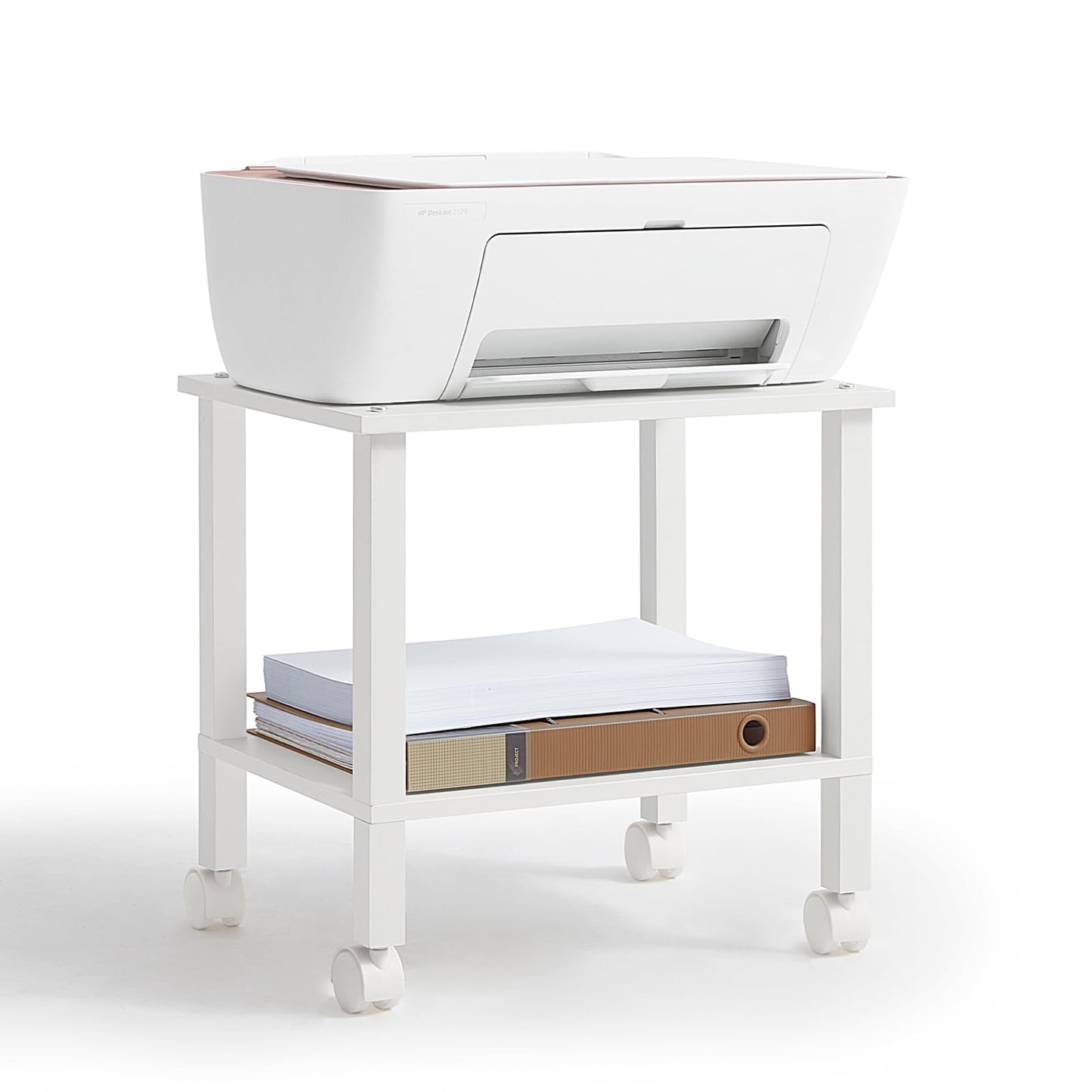 YUFAM 2 Tier Printer Stand with Storage,Under Desk Shelf Printer Table, Rolling Printer Cart for Office,Home,White