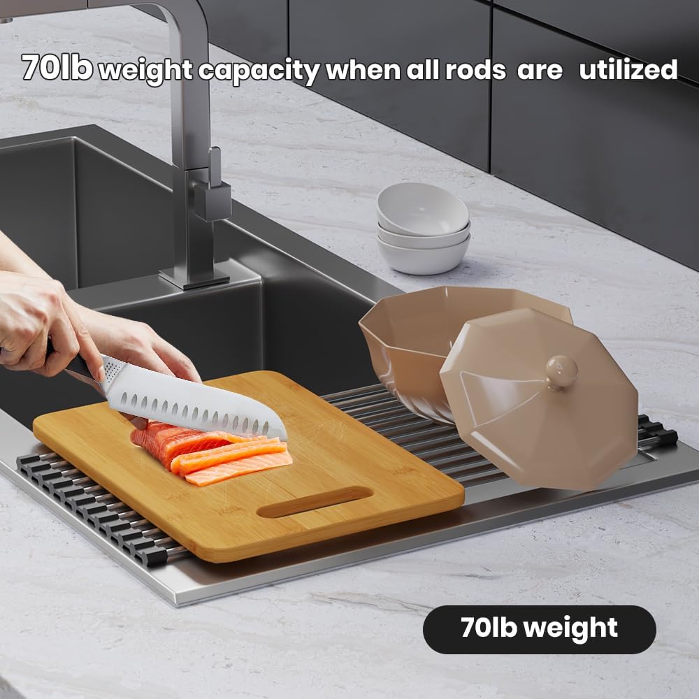 Roll Up Dish Drying Rack, Stainless Kitchen Accessories, Foldable Dish Rack, Anti-Slip Design Sink Counter Storage, Over The Sink Dish Rack, Stainless Steel, (21" x 9.1")