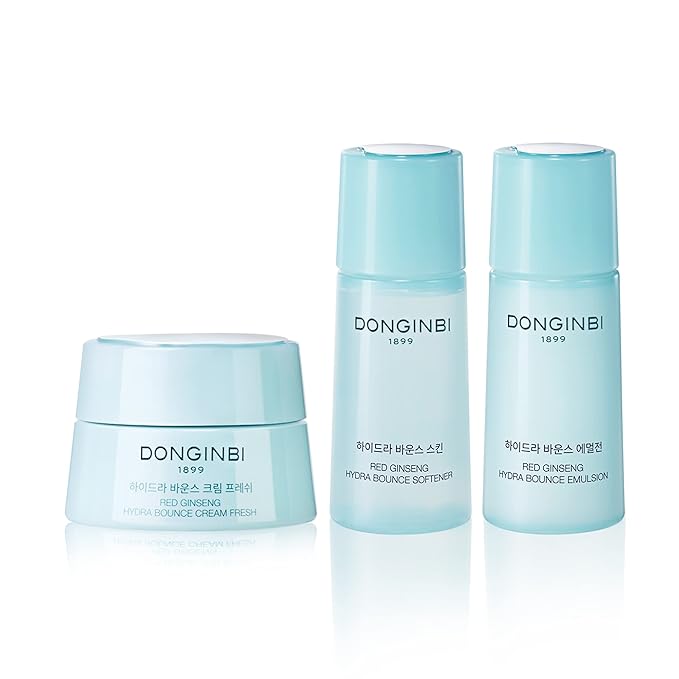Donginbi Red Ginseng Hydra Bounce Cream Fresh Travel Kit - Hydrating Toner with Hyaluron Acid, Soothing & Firming Cream, Red Ginseng Essence, Korean Skin Care Set Gifts for Women
