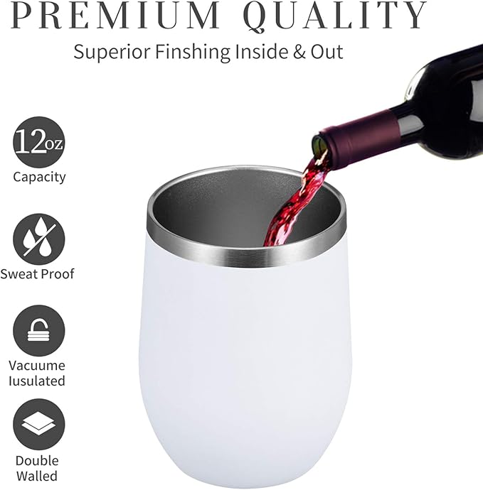 MEWAY 12oz/4 Pack Wine Tumbler Glasses with Lid - Stemless Double Wall Vacuum Stainless Steel Travel Tumbler - Keeping Cold & Hot for Wine,Coffee,Cocktails,Drinks-Family and Gifts (White,Set of 4)