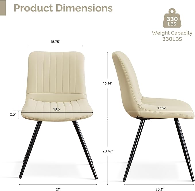 Dining Chairs Set of 2, Modern Dining Chairs with Thick Cushions, PU Leather Upholstered Kitchen Dining Room Chairs with Metal Legs for Dining Living Room (Khaki)