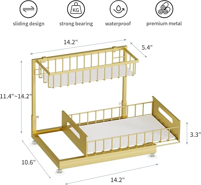 Saydear Under Sink Organizer Storage 2-Tier Premium Metal Pull-Out Kitchen Cabinet Organizer with Sliding Drawer, Height Adjustable, Heavy Duty for Kitchen & Bathroom Organizers 1 Pack Gold
