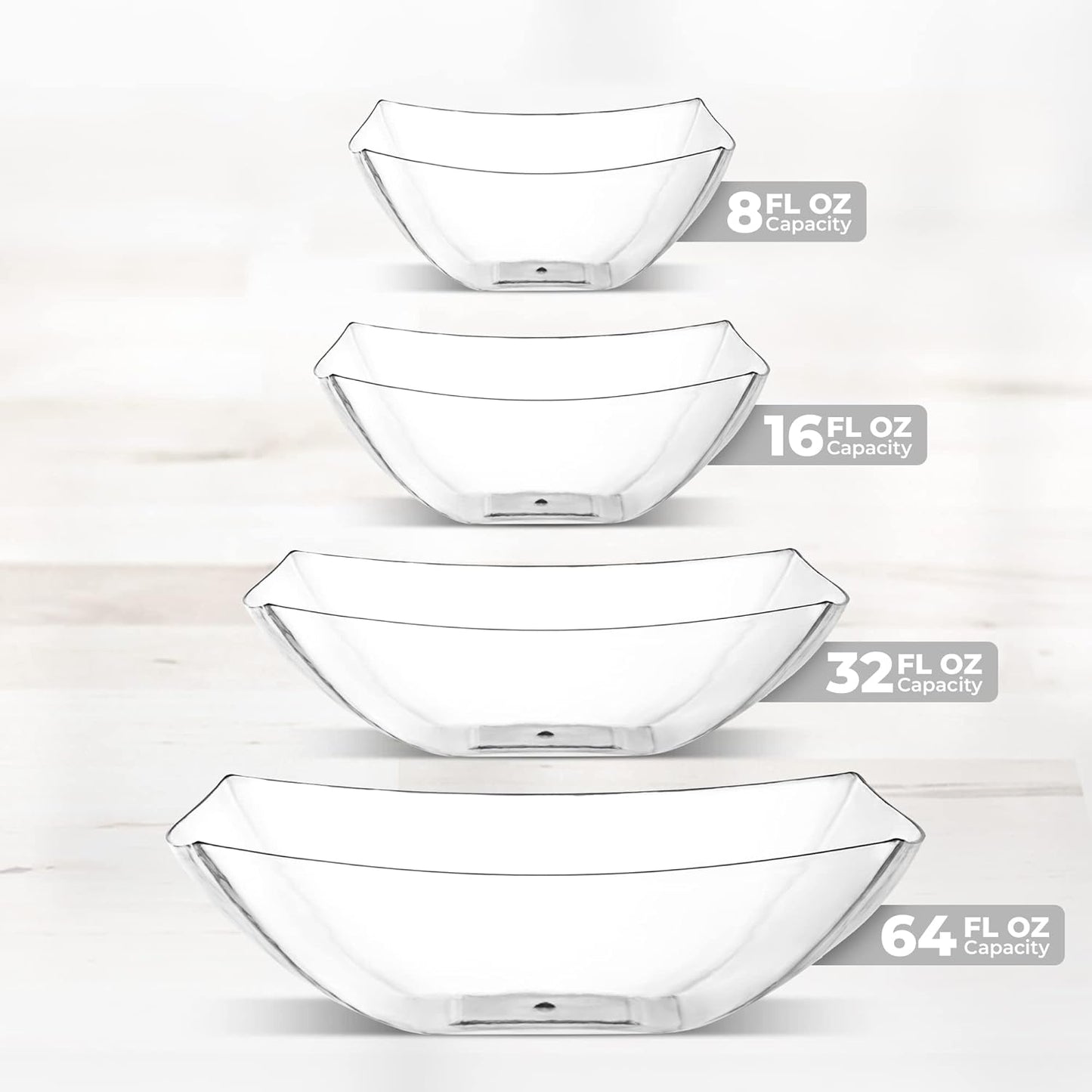 Posh Setting Clear Plastic Serving Bowls Disposable - Square Bowls - Square Candy Bowl - Plastic Snacks & Chip Bowls for Parties - Black, Gold & Clear, White Serving Dishes, 16 OZ, 4 Pack