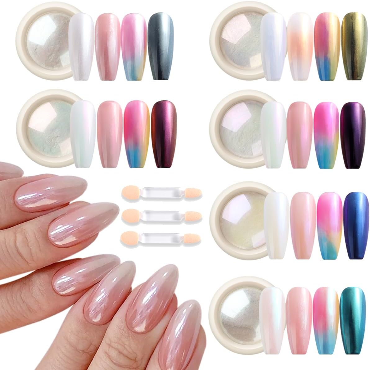 White Chrome Nail Powder - 6 Colors Pearl Chrome for Nails, Mirror Effect Metallic Rubbing Pigment Dust, Glazed Donut Nail Art Pearlescent Glitter Manicure Decor