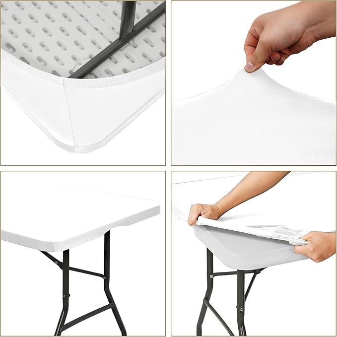 6 Pack Stretch Fabric Table Top Cap Cover, fits 6' Tables, Spandex Table Covers Washable Elastic Universal Rectangle Tablecloth Protector for Indoor Outdoor Party Picnic Wedding, White, 30" W x 72" L