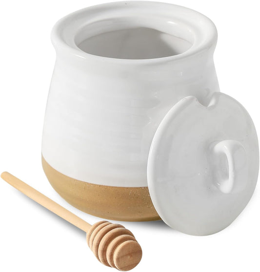 Ceramic 12 Ounce Honey Jar and Dipper Set,Porcelain Honey Pot with Lid and Wooden Dipper,Cute Honey Containers for Party,Holiday,Halloween Favors,Farmhouse Kitchen Decor,Dishwasher Safe,White