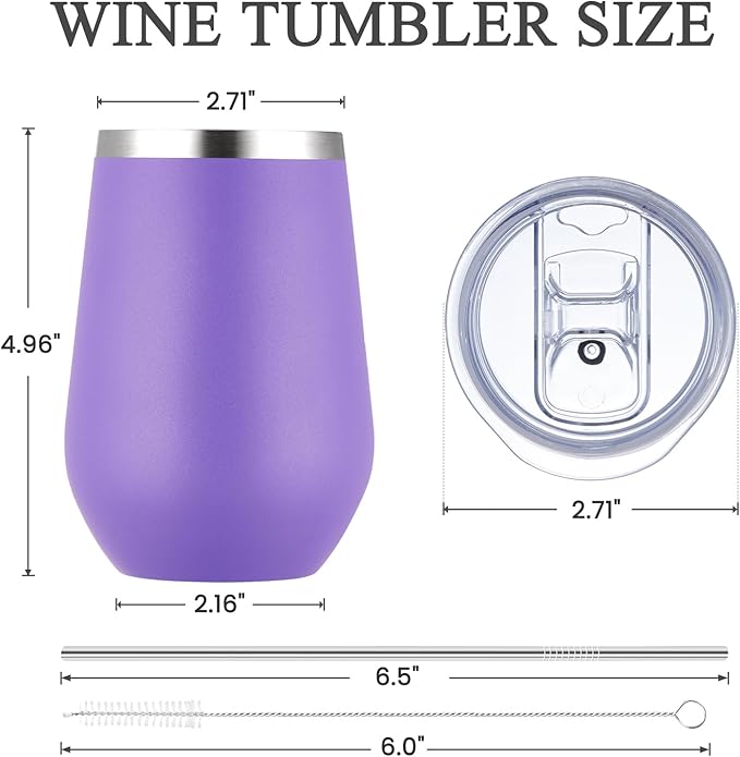 MEWAY 12oz Stainless Steel Wine Tumbler with Lid and Straw - Double Wall Stainless Steel Coffee Mug, Gift for Woman Under 10 dollars， 12 Pack Bulk tumblers(Purple,Set of 12)