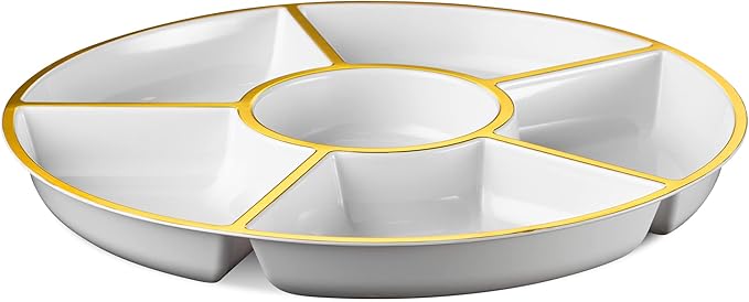 Plasticpro 6 Sectional Round Plastic Serving Tray/Platter (8, White & Gold)
