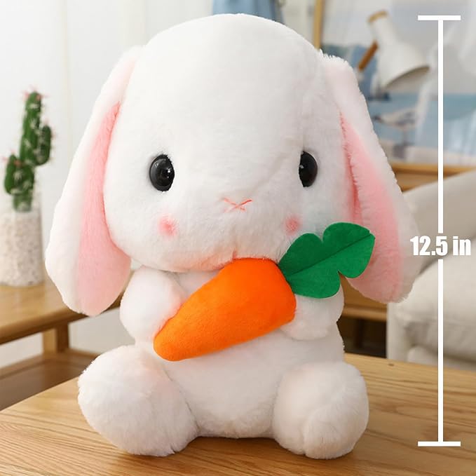 HOUPU Soft Toy - Sitting Lop Eared Rabbit, Easter White Rabbit Stuffed Bunny Animal with Carrot Soft Lovely Realistic Long-Eared Standing Pink Plush Toys (White-Carrot,12.5in/32cm)