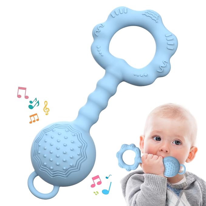 Teethers for Babies 6-12 Months, Rattles for Babies 0-6 Months, 2-in-1 Rattle and Teether Toy for Soothing Sore Gums and Keeps Little Ones Entertained, Food Grade Silicone, Blue