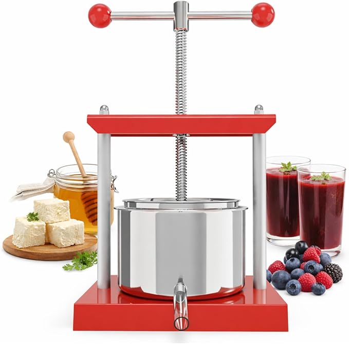 EJWOX 1.6 Gallon Manual Press - Professional Stainless Steel Fruit & Vegetable Squeezer with Filter Bag - Large 6L Capacity for Honey, Cheese, & Plant Infusions - Heavy Duty Top-Handle Juice Extractor