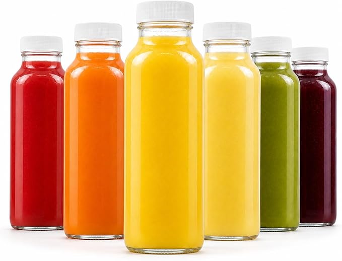 kitchentoolz 8oz Square Glass Juice Shot Bottle with Lid – 6 Pack 8 oz Milk Glass Bottles with Lids for Lunch Box, Airtight Reusable Drinking Jars for Smoothies, Yogurt, Kefir, Juice & Water