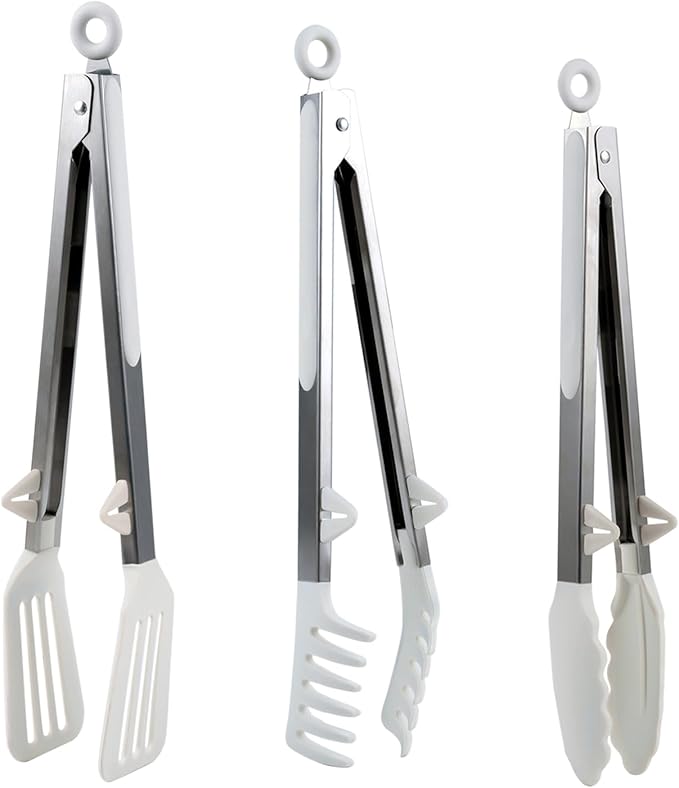 Kitchen Tongs,Set Of 3 Tongs with Silicone Tip for Cooking 9/12 Inch Stainless Steel Kitchen Tong for Meat,Food Grill,Salad,BBQ,Frying,Serving,Dishwasher (white, 12inch)