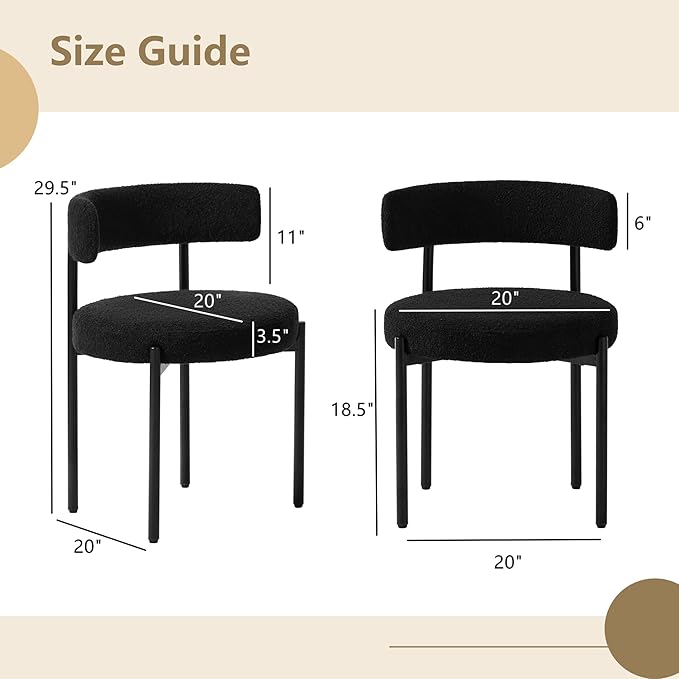 Boucle Dining Chairs Set of 2, Black Dining Chairs with Upholstered Seat and Round Back, Mid-Century Modern Kitchen Chairs for Dining Room, Restaurant