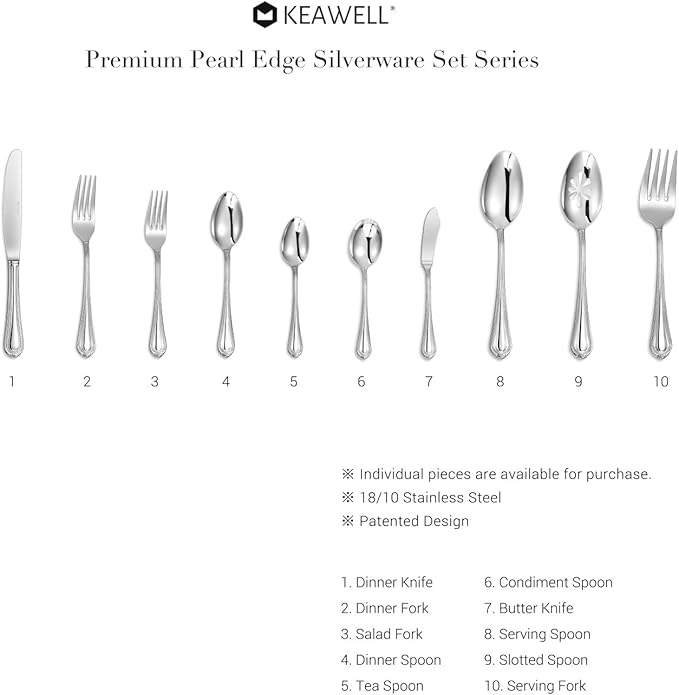 KEAWELL Pearl Edge 4-Piece Premium Spoon Set, 18/10 Stainless Steel, Fine Silverware Spoons with Refined Bead Design, Brightly Polished, Dishwasher Safe (Silver, 6.3" Condiment Spoons)