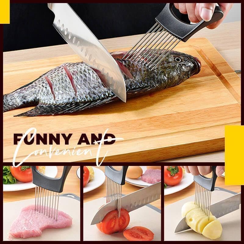 Onion Slice Holder, 2024 New Stainless Steel Holder for Slicing, Chopper Assistant Tool, Cutter for Meat, Onion, Potato, Tomato Kitchen Gadgets (Red, 3 Pack)