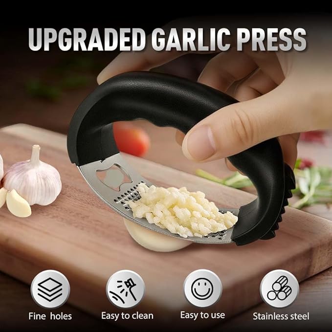 Stainless Steel Garlic Press Rocker, 2025 New Garlic Mincer and Garlic Crusher, Easy-Squeeze Garlic Tool with Peeler and Cleaning Brush for Smashing Garlic (A2-2Pcs)