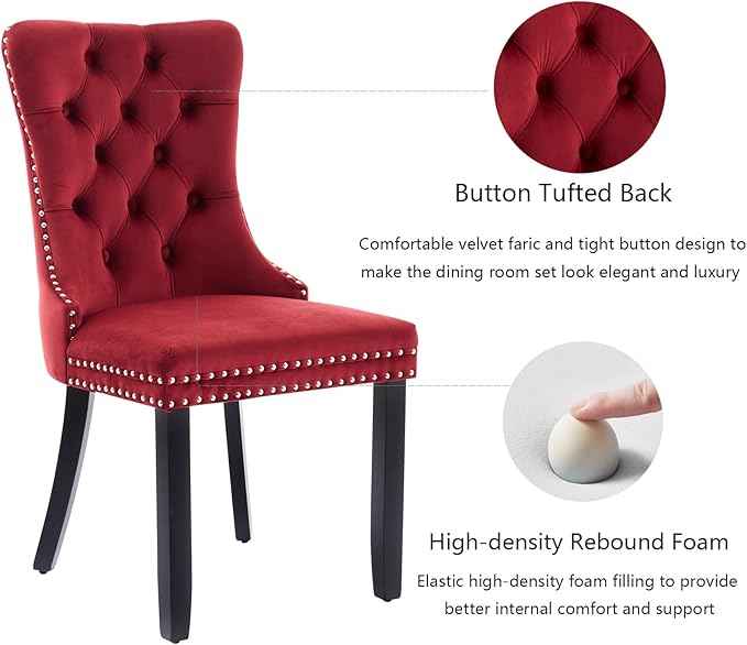 Velvet Dining Chairs Set of 2, Upholstered Dining Room Chairs with Back Ring Pull Trim and Solid Wood Legs,Tufted Wingback Kitchen Chairs for Dining Room,Kitchen(Wine Red)