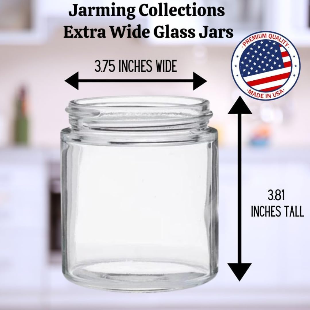 Jarming Collections Mason Jars - 16 oz Glass Extra Wide Mouth Pint Storage Jars with White Plastic Lids - Made in USA
