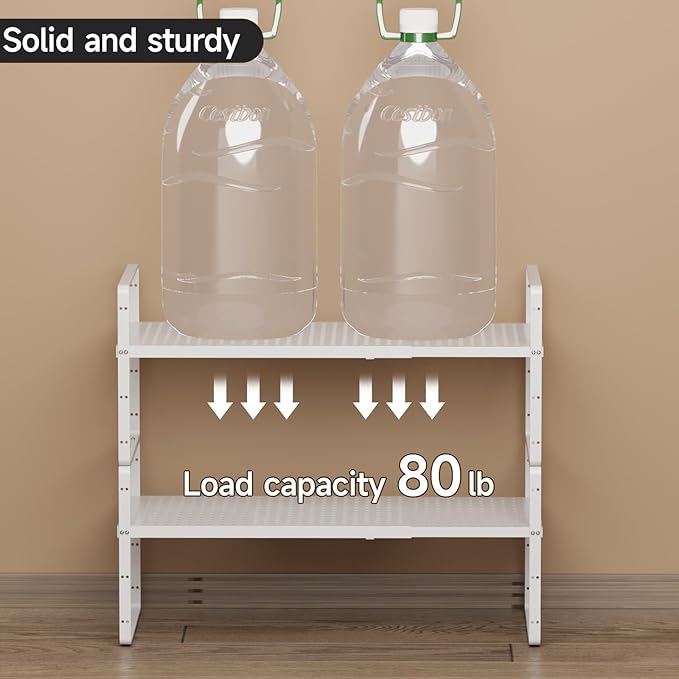 2Pack Expandable Cabinet Shelf Organizers, Stackable Metal Shelves Extender for Kitchen Countertop Storage, Adjustable Spices Shelves Rack Stand for Cupboard Pantry, Black