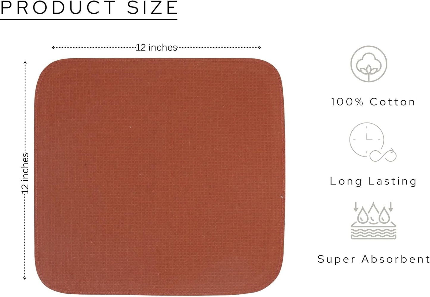 PurpleEssences Rust Dish Cloths and Dish Rags - 6 Pack Waffle Weave Solid Kitchen Dish Wash Cloths, 100% Cotton, 12 x 12 Inches, Ultra Soft Absorbent Quick Drying - Spring Summer - Rust