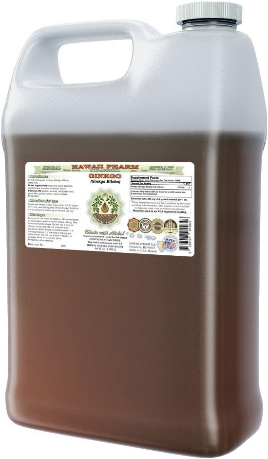 Ginkgo Alcohol-Free Liquid Extract, Organic Ginkgo (Ginkgo Biloba) Dried Leaf Glycerite Hawaii Pharm Natural Herbal Supplement 64 oz