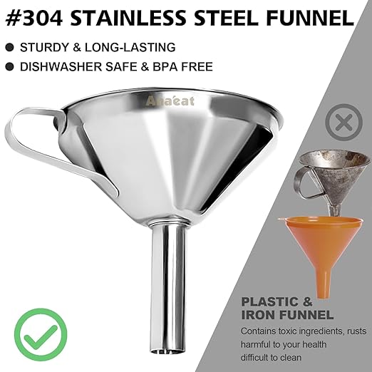 Anaeat Stainless Steel Kitchen Funnel, Multi-Use Premium Metal Food Grade Cooking Funnels with 2 Removable Strainer Filter for Transferring Liquid or Dry ingredients, Oils & 1 Pc Cleaning Brush (5.0")