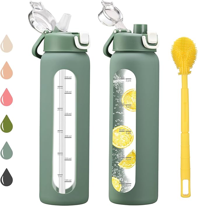 chunmo 32 oz Glass Water Bottles with 2 Lids-Handle Spout Lid & Straw Lid, 1 Liter Motivational Borosilicate Water Bottle with Time Marker and Silicone Sleeve,Leakproof-Olive-1 Pack