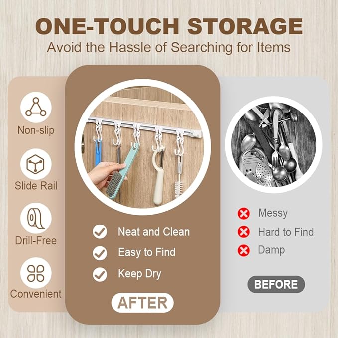 Multifunctional Slide Rail Hook,Kitchen Utensil Hanging Rack Wall Mounted Hanger,Space Saving Utensil Holder with 10 Hooks ,Sliding Track Hook No Drilling Hanger for Home Office (Length 30cm/2pcs)