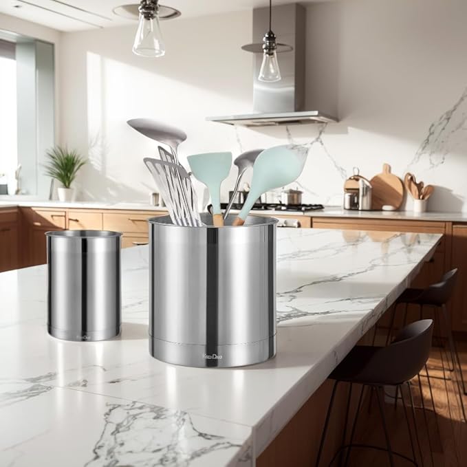KSENDALO Stainless Steel Utensil Holder for Counter, Brushed Metal Utensil Crock Canister for Cooking Utensils on Countertop, with Heavy Base, Dishwasher Safe,Silver