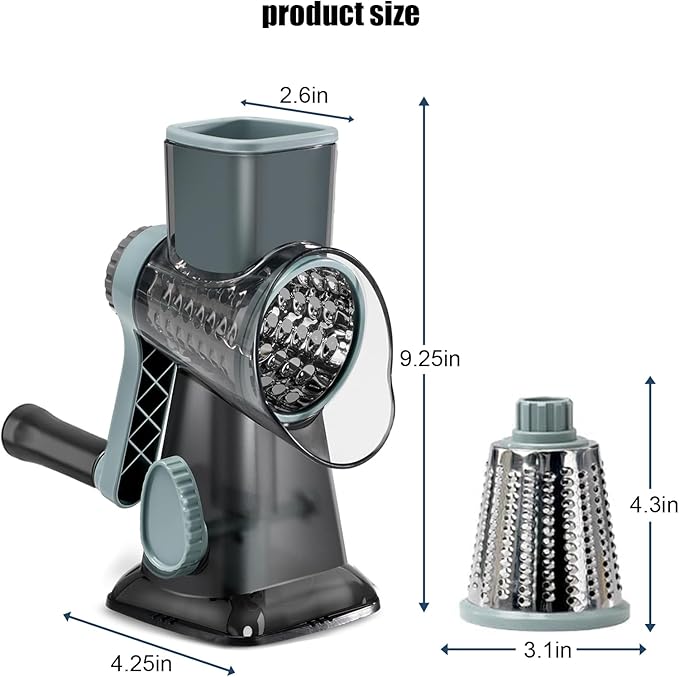 XUANYILA Rotary Cheese Cheese Grater Hand Crank Vegetable Cheese Grater for Kitchen 3 Changeable Blades for Cheese Potato Zucchini Nuts Chocolate - GreyBlue
