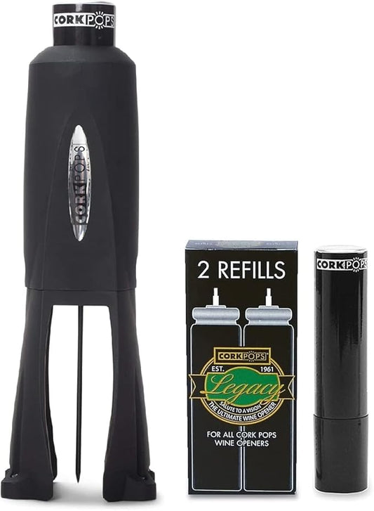 Cork Pops Legacy Wine Opener Built-in 4-Blade Foil Cutter Safe Cork Removal, Effortless Push Button Use, Needle Guard for Safety, Low-Pressure Cartridge Opens Up To 60 (Black, With 3 Cartridges)