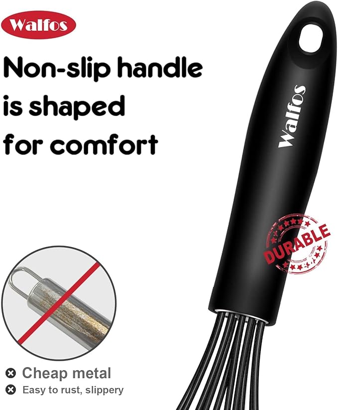 Walfos Whisk 11inch Flat Whisks and 10inch Balloon Whisk Combo,Silicone whisks for cooking,Non Scratch Coated Wisk,Suitable for Ceramic Coated pans and Wider shallower pots.(2pcs black)