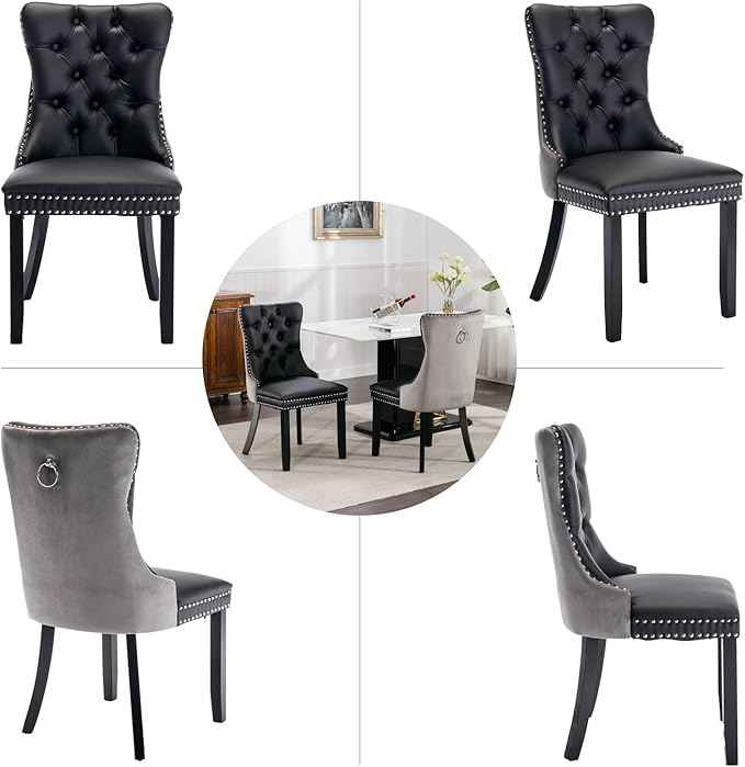 Dining Chairs Set of 4, Upholstered Dining Room Chairs with Back Ring Pull Trim and Solid Wood Legs, Modern Tufted Kitchen Chairs Perfect for Dining Room, Black Pu Leather Splicing Grey Velvet