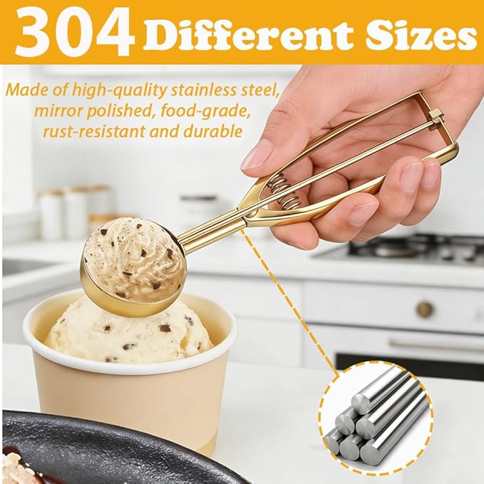 Stainless Steel Ice Cream Scoop Polished Melon Baller Scoop Metal Ice Cream Scoop with Trigger Cookie Scoop for Baking 3 sizes Fruit Spoons Kitchen (Rose Gold, M)
